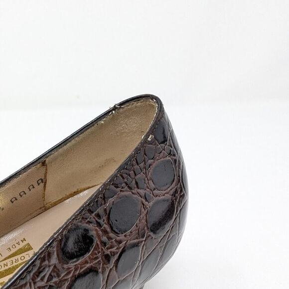 Salvatore Ferragamo Heels Brown Croc Embossed Leather 7.5 AAAA Low Block Heel - Picture 11 of 12